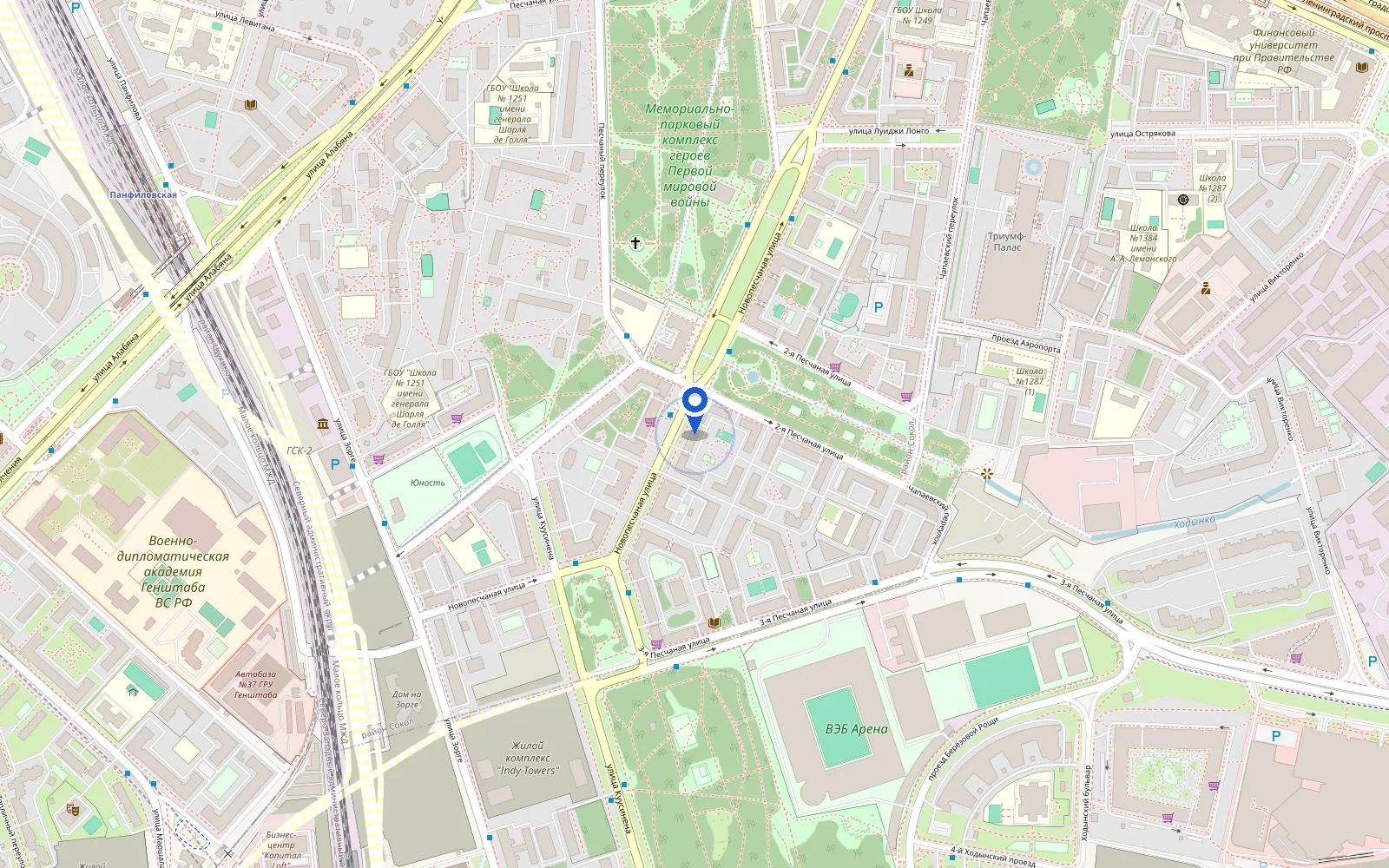 Карта проезда - Новопесчаная ул, 19 к2, 125252, Москва, район Сокол